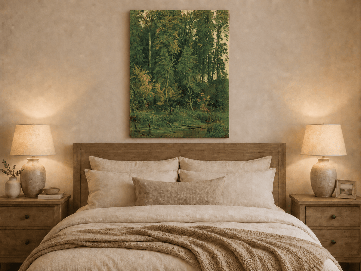 Unframed hand-painted serene forest pond oil painting with leafy trees and still water displayed above a wooden bed in a neutral bedroom.