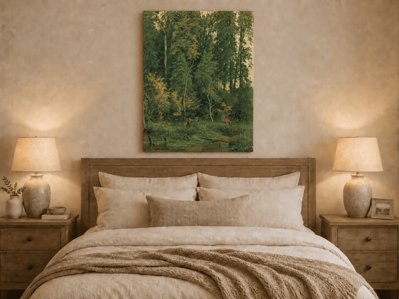 Unframed hand-painted serene forest pond oil painting with leafy trees and still water displayed above a wooden bed in a neutral bedroom.