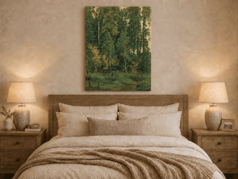 Unframed hand-painted serene forest pond oil painting with leafy trees and still water displayed above a wooden bed in a neutral bedroom.