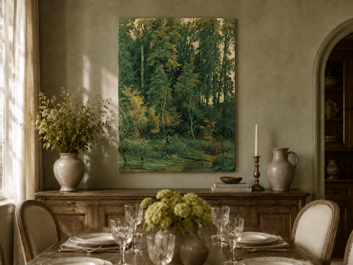 Unframed hand-painted serene forest pond oil painting with leafy trees and still water displayed above a formal dining table.