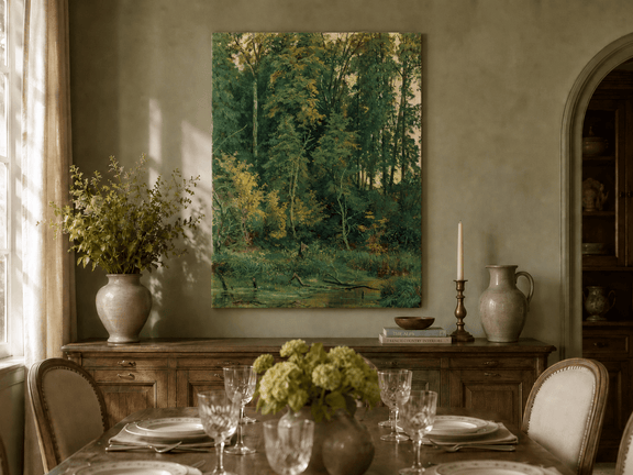 Unframed hand-painted serene forest pond oil painting with leafy trees and still water displayed above a formal dining table.