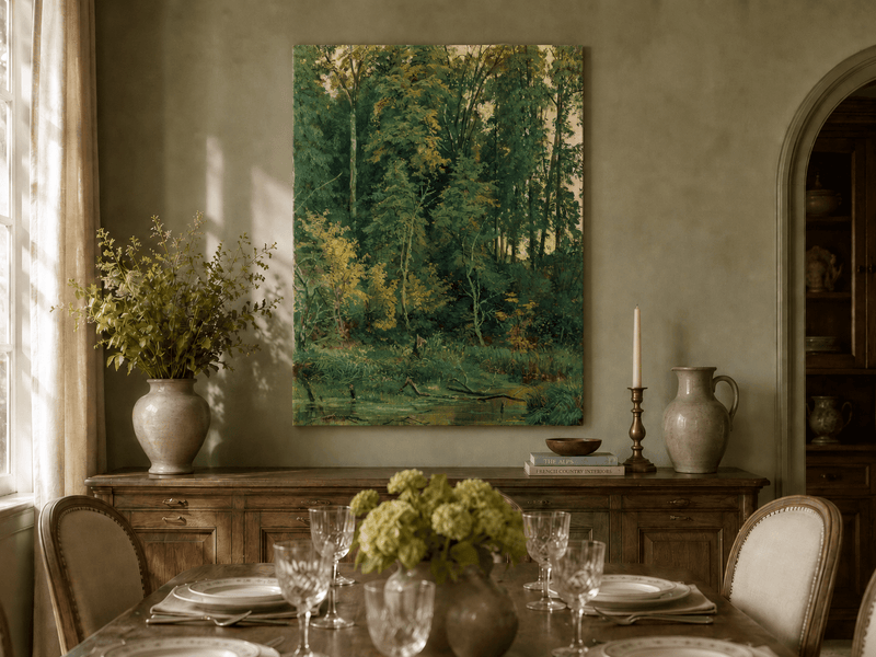 Unframed hand-painted serene forest pond oil painting with leafy trees and still water displayed above a formal dining table.