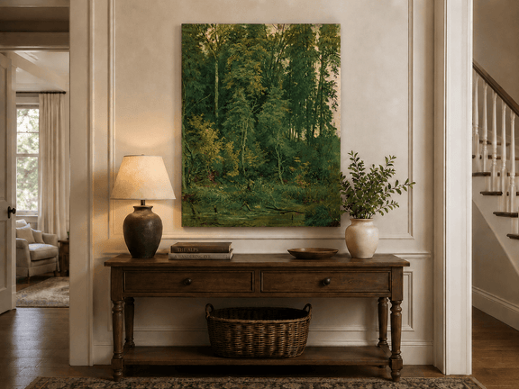 Unframed hand-painted serene forest pond oil painting with leafy trees and still water displayed above an entryway console table.