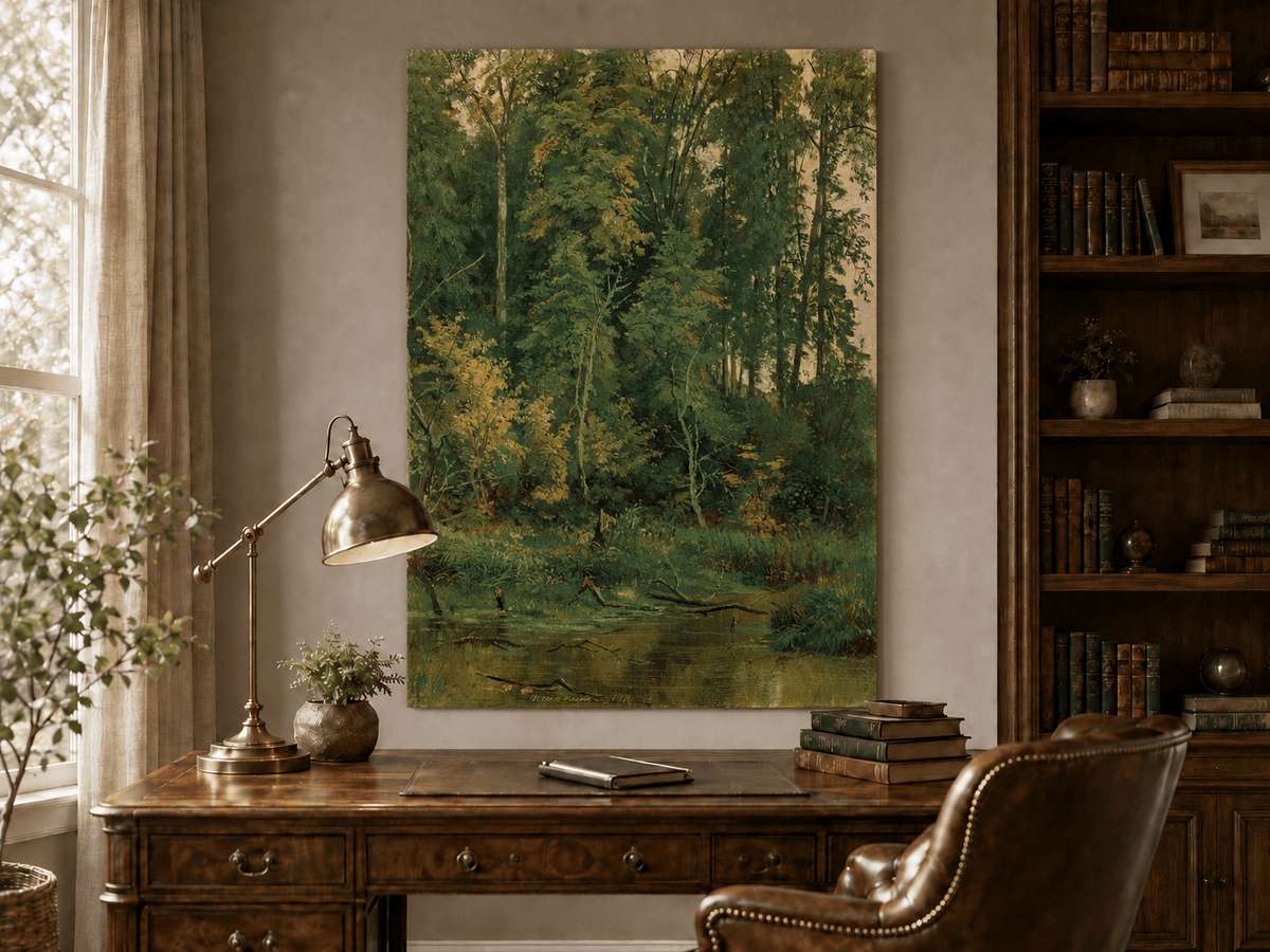 Unframed hand-painted serene forest pond oil painting with leafy trees and still water displayed above a traditional home office desk.