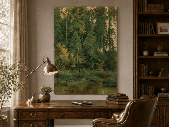 Unframed hand-painted serene forest pond oil painting with leafy trees and still water displayed above a traditional home office desk.
