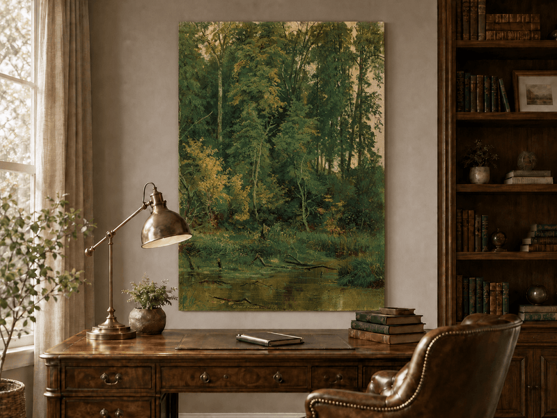 Unframed hand-painted serene forest pond oil painting with leafy trees and still water displayed above a traditional home office desk.