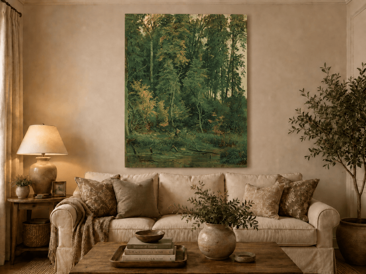 Unframed hand-painted serene forest pond oil painting with leafy trees and still water displayed above a neutral living room sofa.