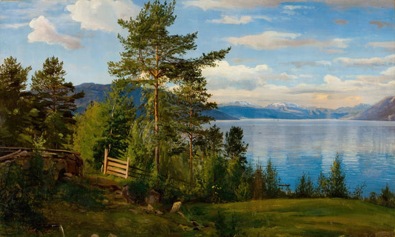 Serene Lakeside Forest, Distant Mountains – Landscape Oil Painting - Oil Painting Haven
