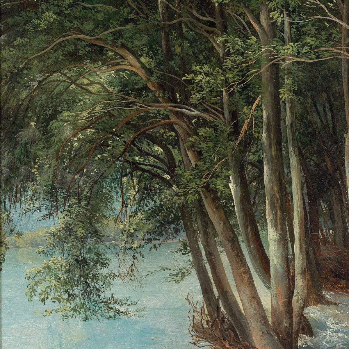 Serene Riverbank Forest, Lush Trees – Landscape Oil Painting - Oil Painting Haven