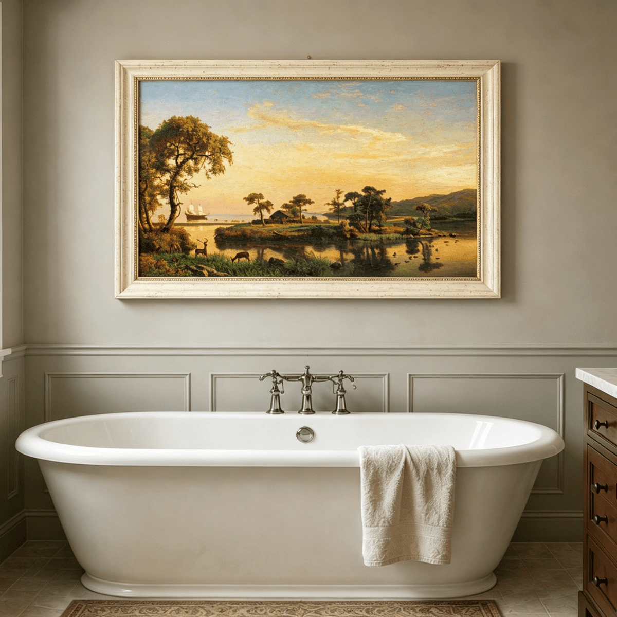 Framed hand-painted serene riverbank oil painting with trees and warm sunset light displayed above a freestanding bathtub.