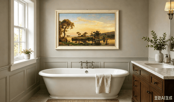 Framed hand-painted serene riverbank oil painting with trees and warm sunset light displayed above a freestanding bathtub.