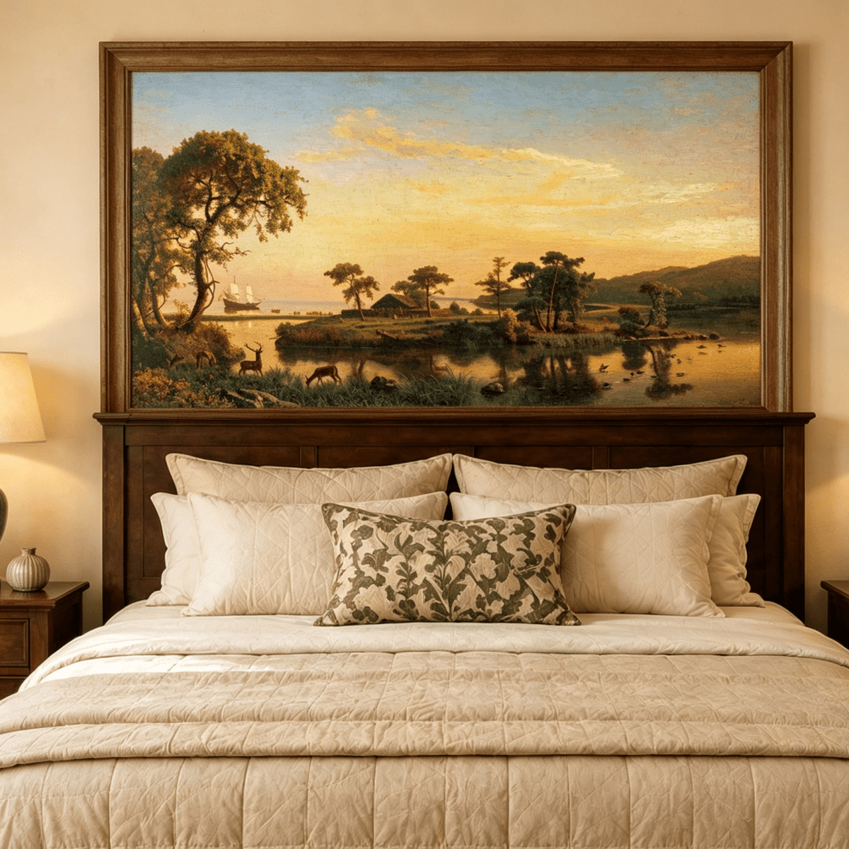 Framed hand-painted serene riverbank oil painting with trees and warm sunset light displayed above a wooden bed in a neutral bedroom.