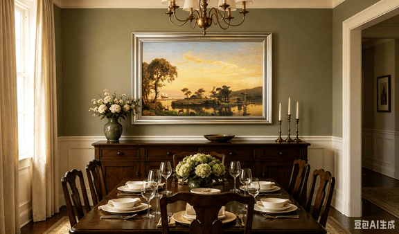 Framed hand-painted serene riverbank oil painting with trees and warm sunset light displayed above a formal dining table.