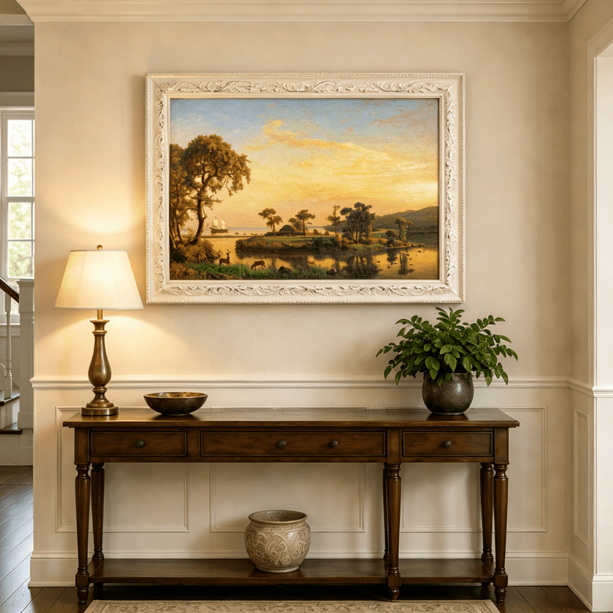 Framed hand-painted serene riverbank oil painting with trees and warm sunset light displayed above an entryway console table.
