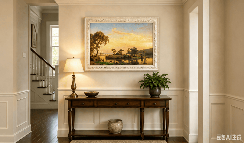 Framed hand-painted serene riverbank oil painting with trees and warm sunset light displayed above an entryway console table.