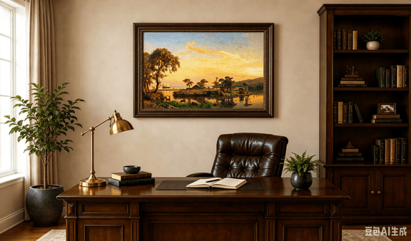 Framed hand-painted serene riverbank oil painting with trees and warm sunset light displayed above a traditional home office desk.