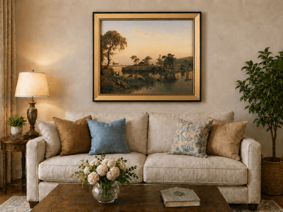 Framed hand-painted serene riverbank oil painting with trees and warm sunset light displayed above a neutral living room sofa.