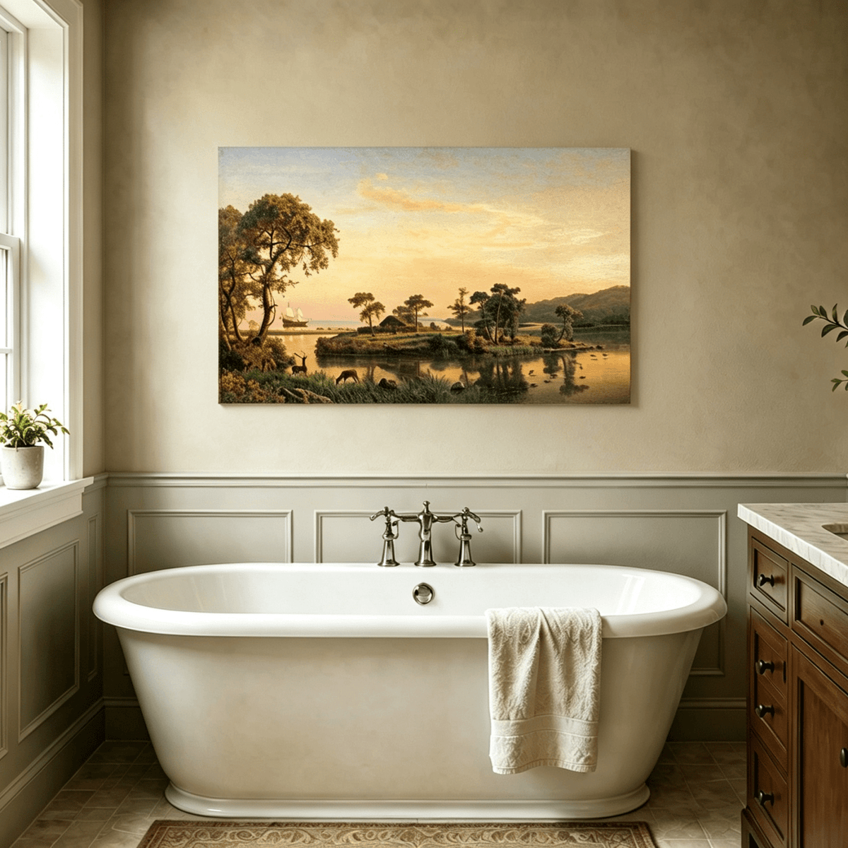 Unframed hand-painted serene riverbank oil painting with trees and warm sunset light displayed above a freestanding bathtub.