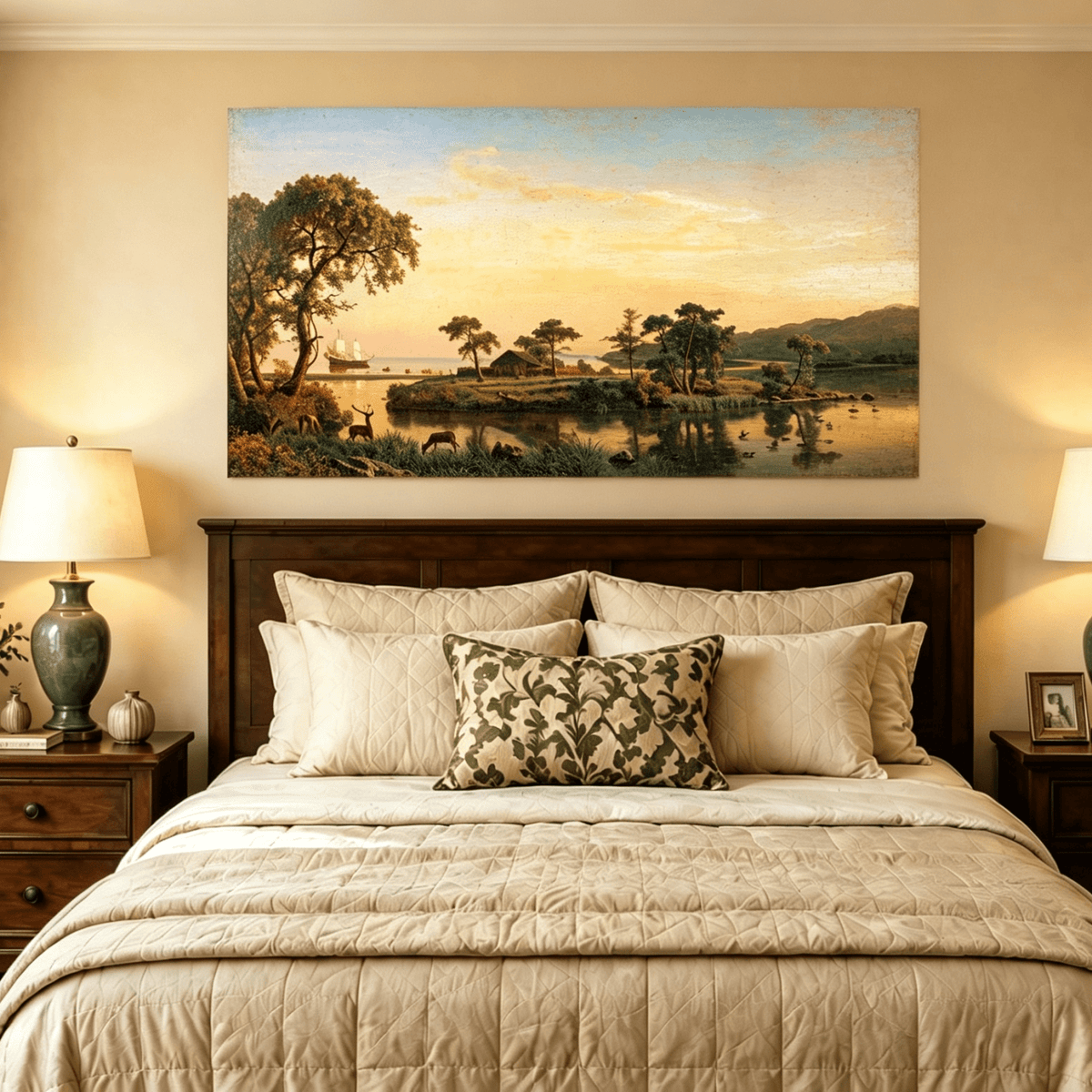 Unframed hand-painted serene riverbank oil painting with trees and warm sunset light displayed above a wooden bed in a neutral bedroom.