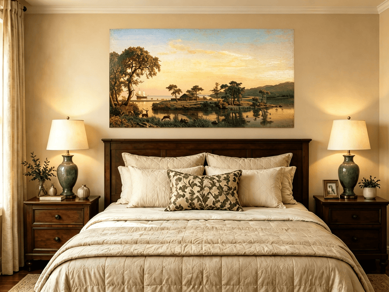 Unframed hand-painted serene riverbank oil painting with trees and warm sunset light displayed above a wooden bed in a neutral bedroom.