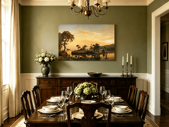 Unframed hand-painted serene riverbank oil painting with trees and warm sunset light displayed above a formal dining table.