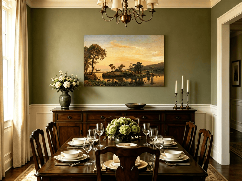 Unframed hand-painted serene riverbank oil painting with trees and warm sunset light displayed above a formal dining table.