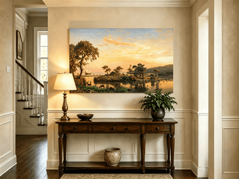 Unframed hand-painted serene riverbank oil painting with trees and warm sunset light displayed above an entryway console table.