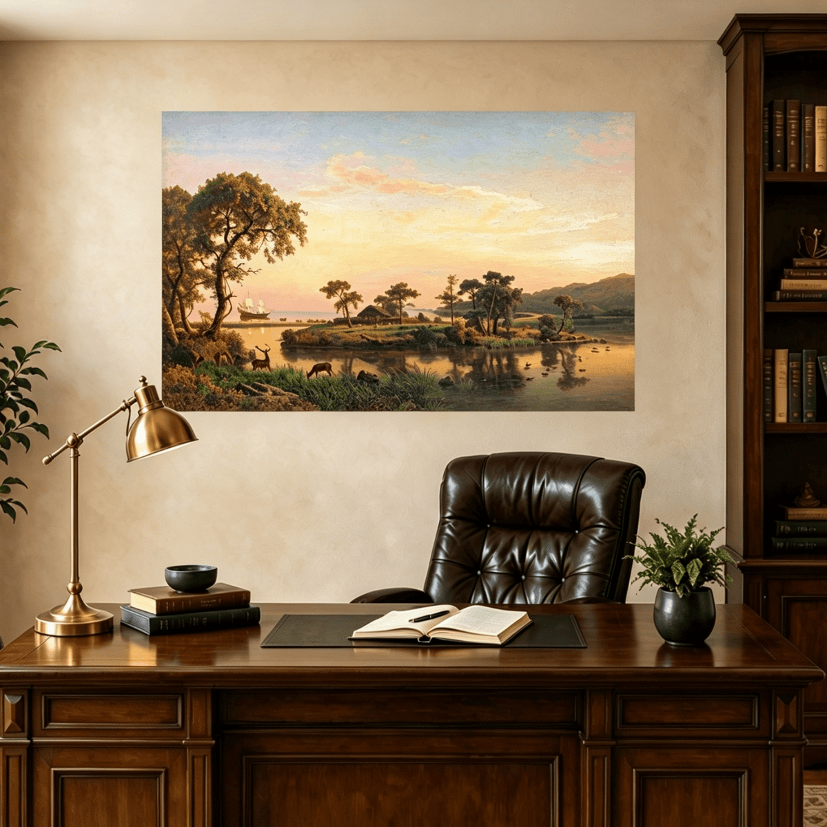 Unframed hand-painted serene riverbank oil painting with trees and warm sunset light displayed above a traditional home office desk.