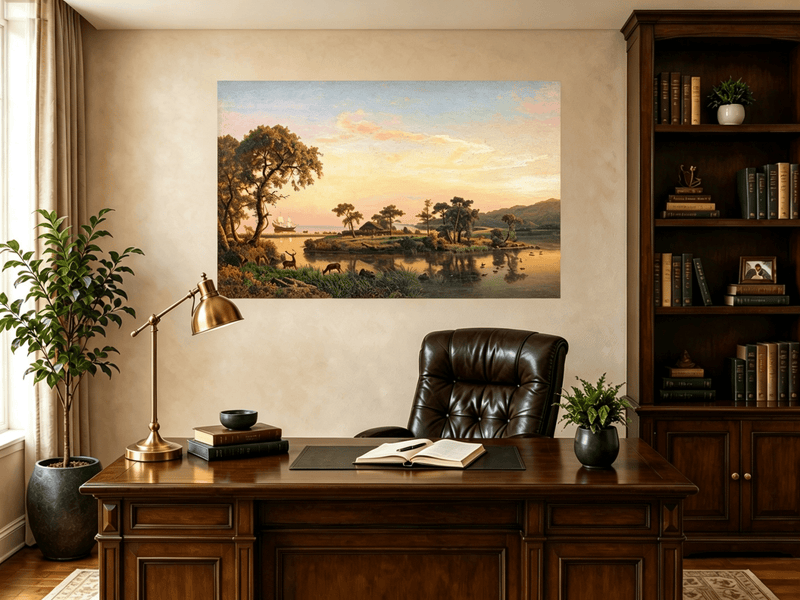Unframed hand-painted serene riverbank oil painting with trees and warm sunset light displayed above a traditional home office desk.