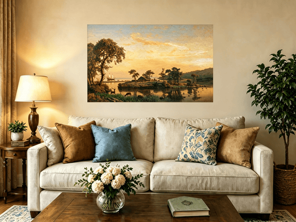 Unframed hand-painted serene riverbank oil painting with trees and warm sunset light displayed above a neutral living room sofa.