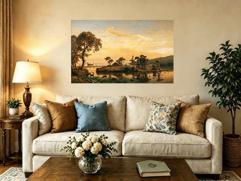 Unframed hand-painted serene riverbank oil painting with trees and warm sunset light displayed above a neutral living room sofa.