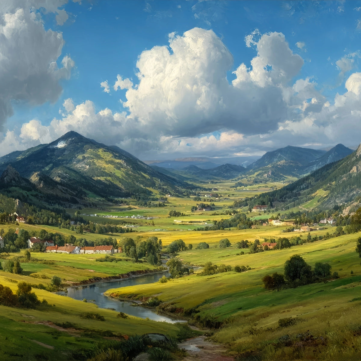Serene Valley Village Original Oil Painting For Sale | Landscape Art - Oil Painting Haven