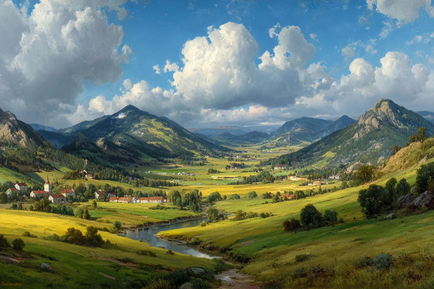 Serene Valley Village Original Oil Painting For Sale | Landscape Art - Oil Painting Haven