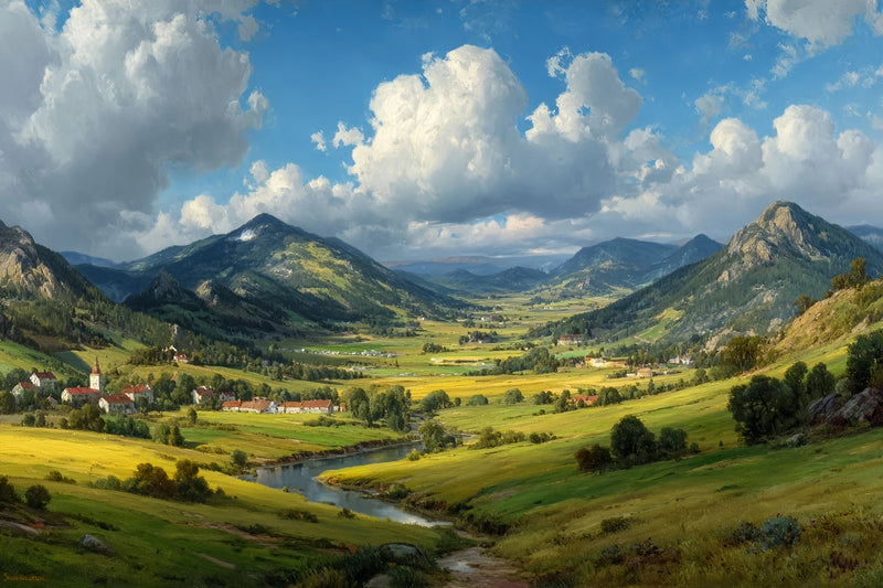 Serene Valley Village Original Oil Painting For Sale | Landscape Art - Oil Painting Haven