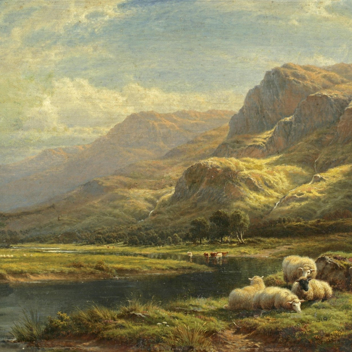 Sheep by a Mountain Lake | Hand - Painted Pastoral Landscape Oil Painting - Oil Painting Haven