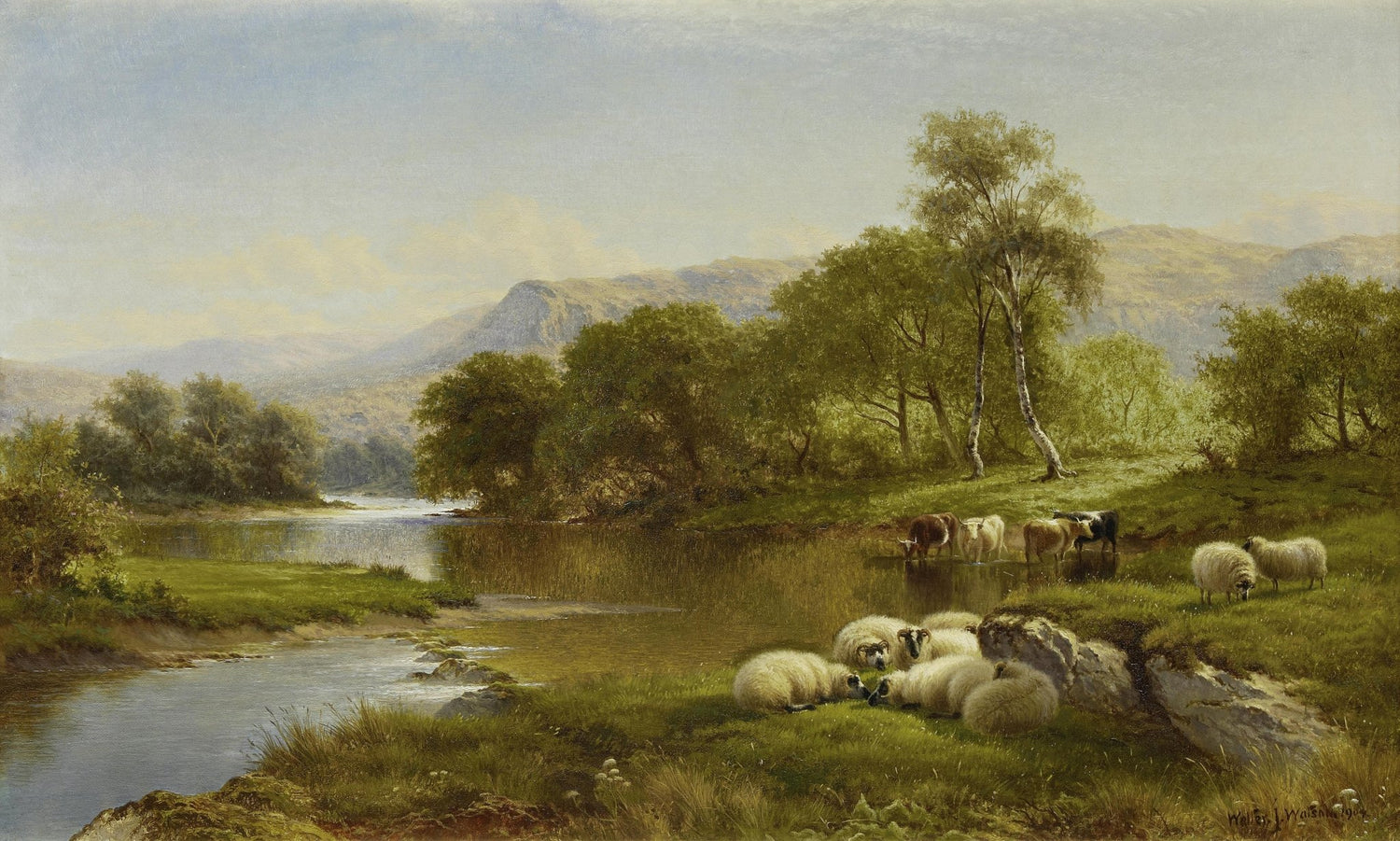 Sheep by the Riverbank | Hand - Painted Pastoral Landscape Oil Painting - Oil Painting Haven