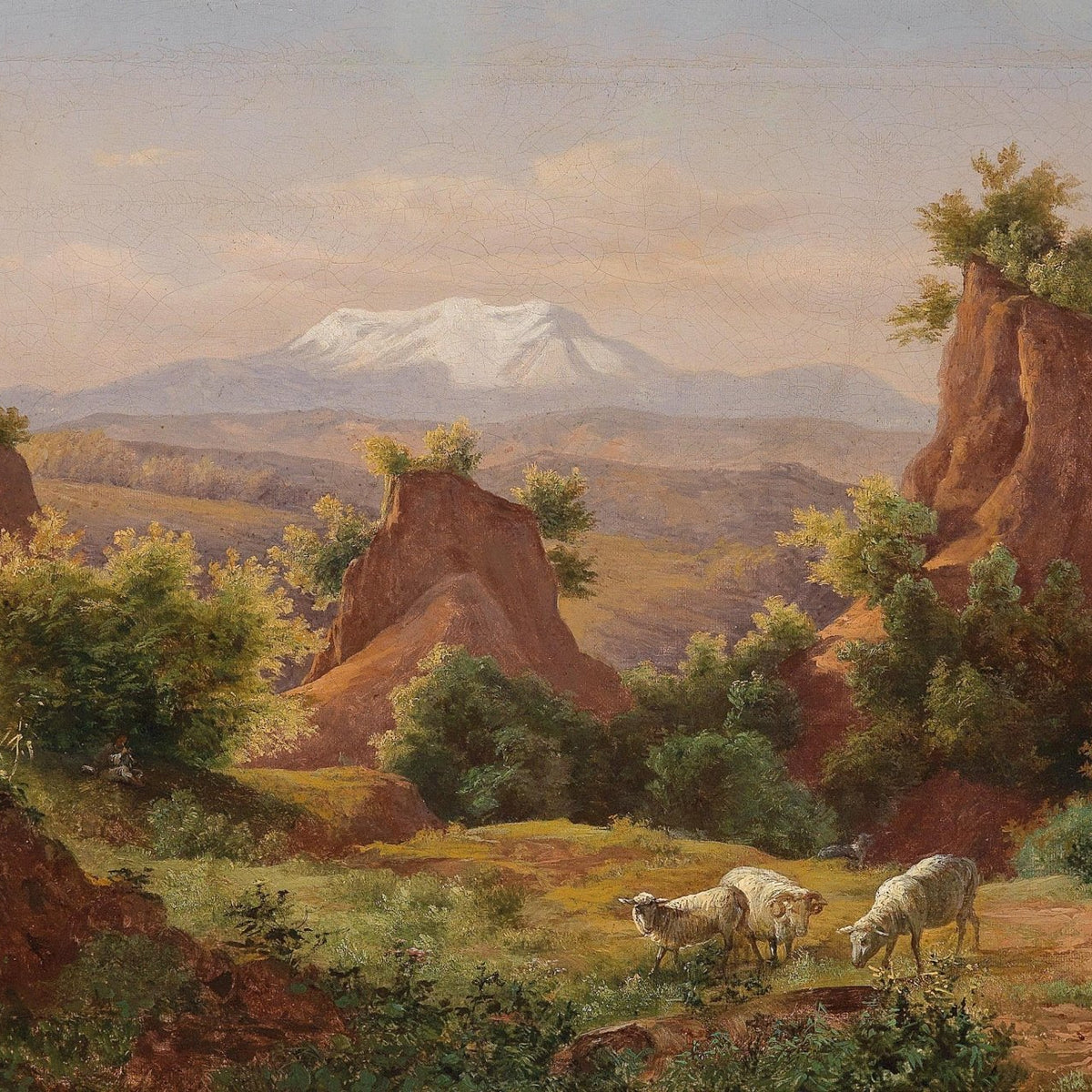 Sheep Grazing Among Red Hills, Mountains – Landscape Oil Painting - Oil Painting Haven