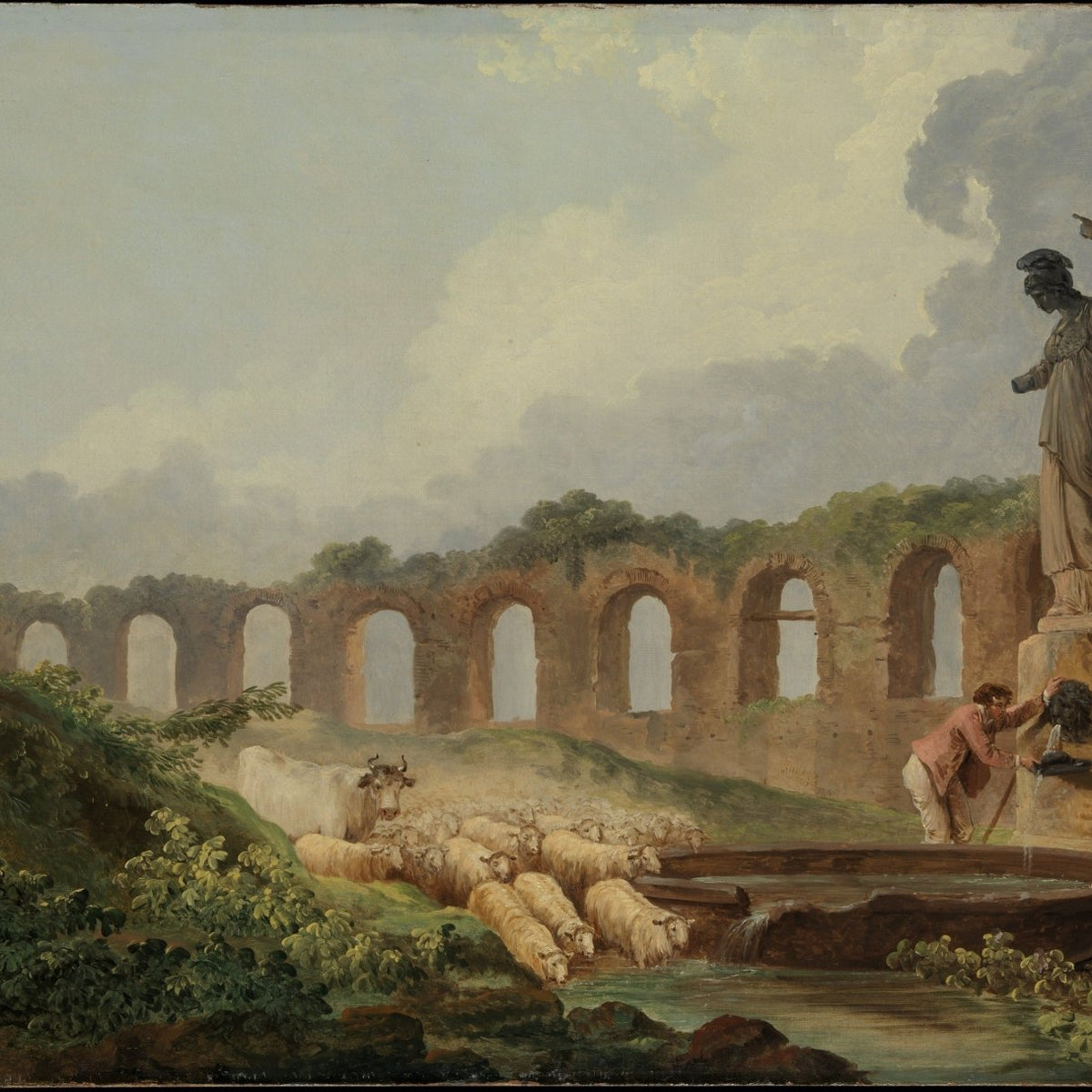 Shepherd and Flock by Ancient Aqueduct Ruins - People Oil Painting - Oil Painting Haven