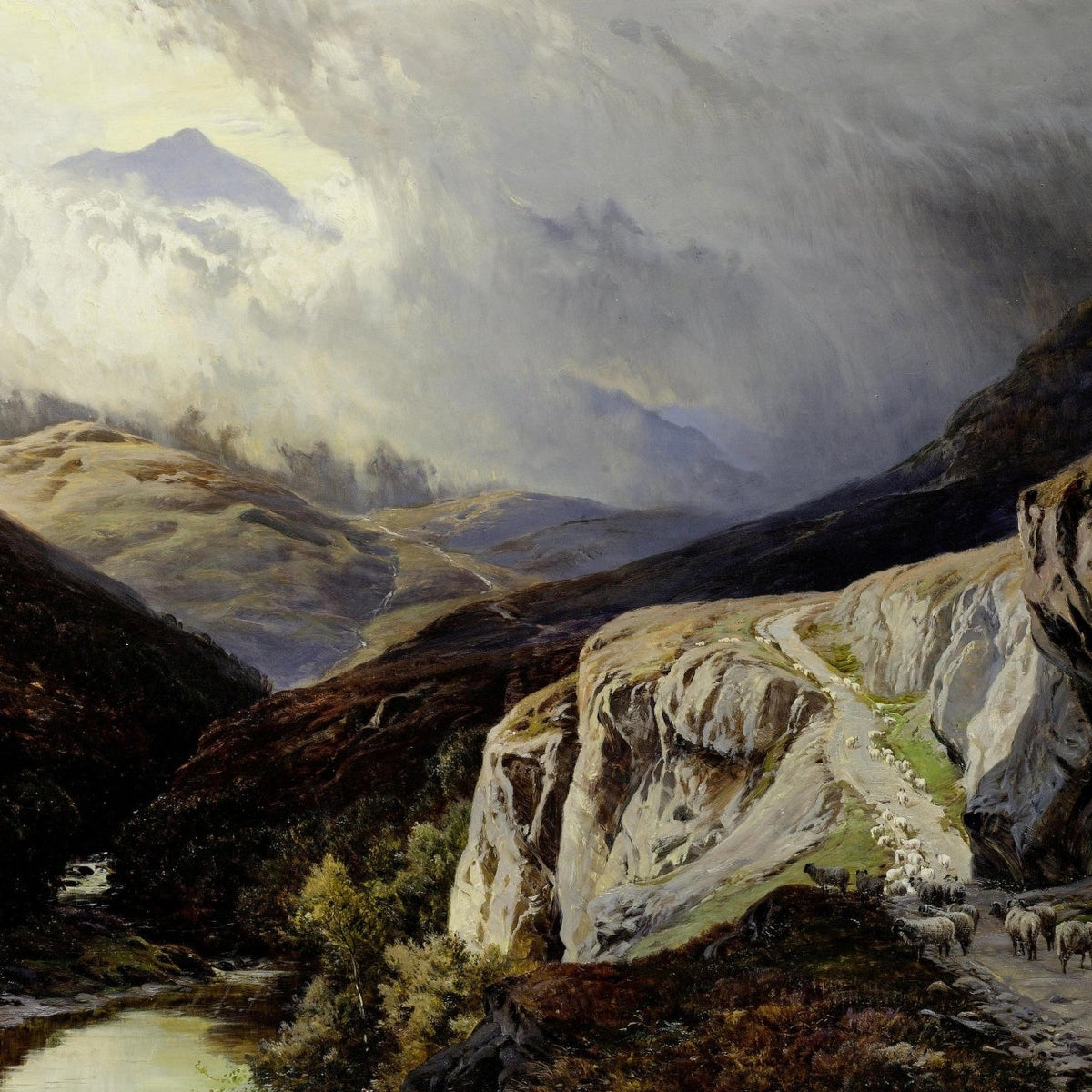 Shepherd and Flock Crossing a Mountain Pass – Landscape Oil Painting - Oil Painting Haven