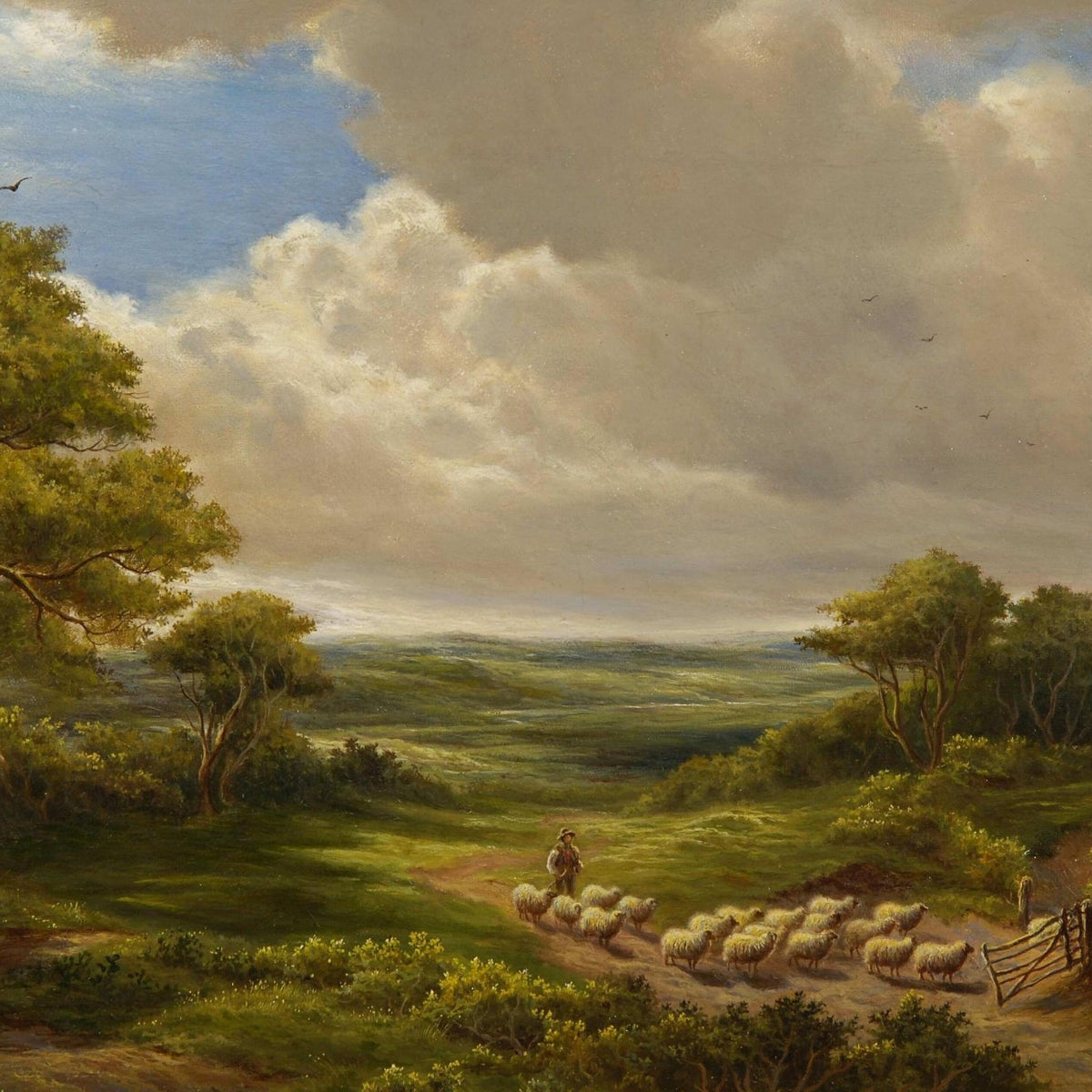 Shepherd and Sheep in Open Fields | Hand - Painted Landscape Oil Painting - Oil Painting Haven