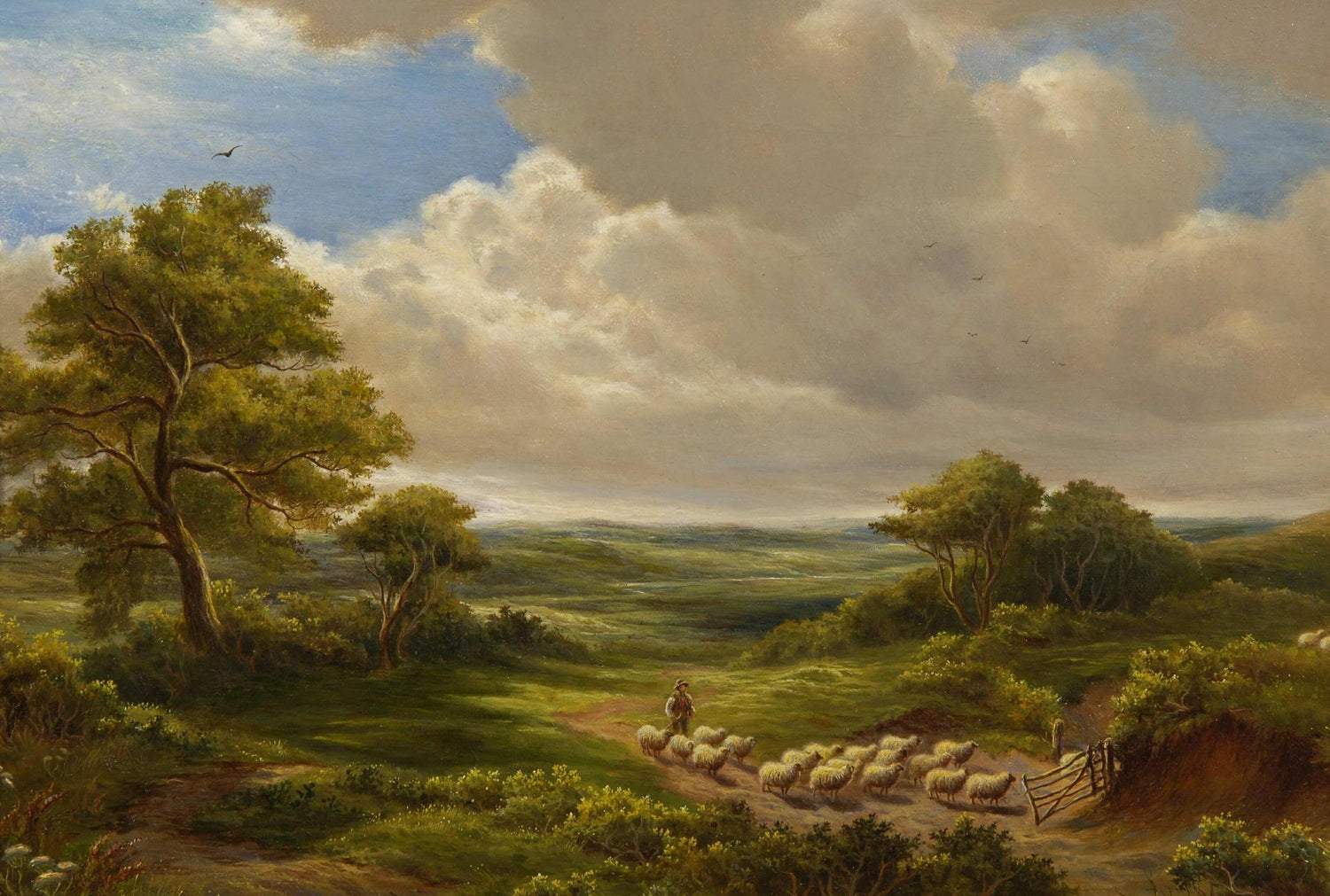Shepherd and Sheep in Open Fields | Hand - Painted Landscape Oil Painting - Oil Painting Haven
