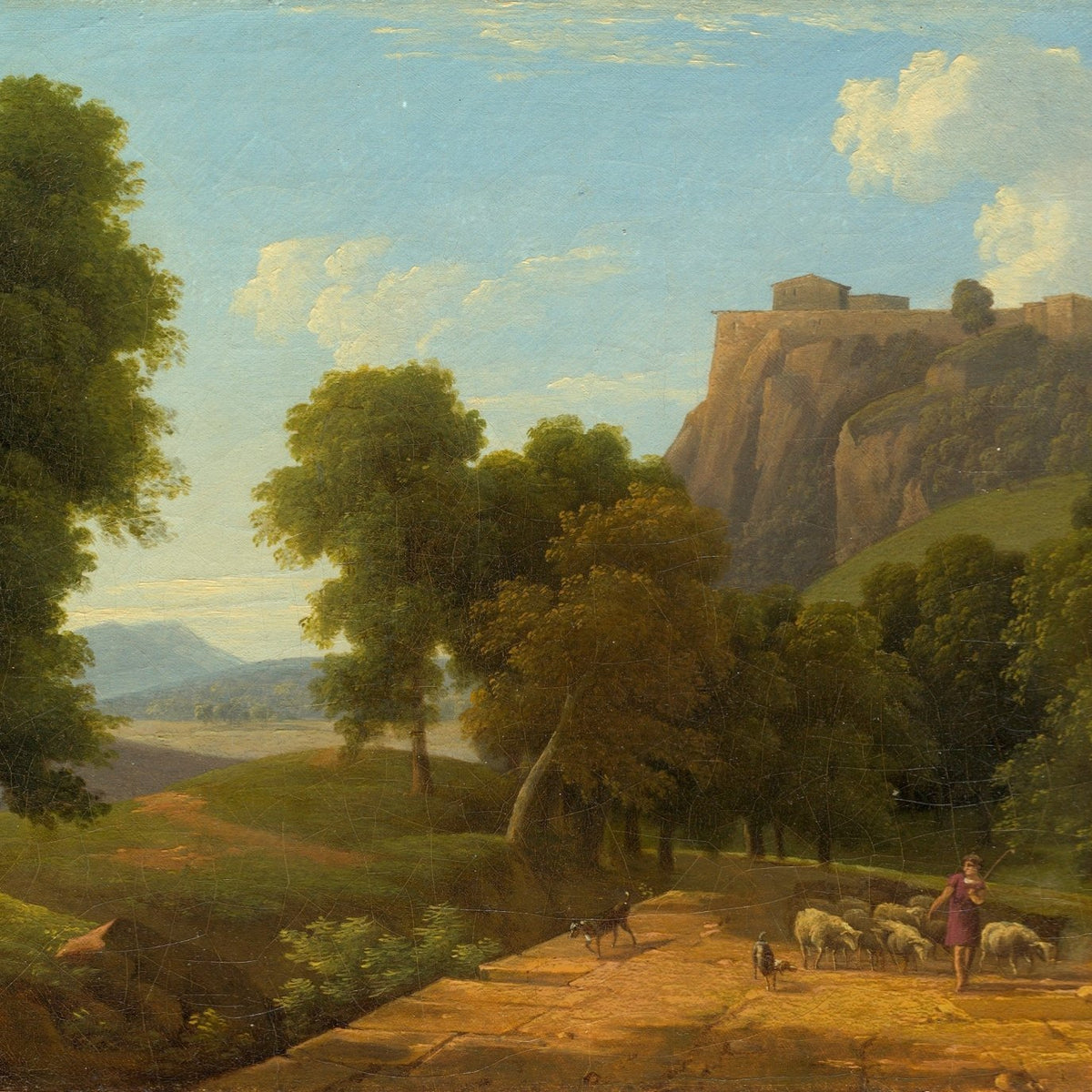 Hand-painted shepherd and sheep on a mountain path landscape oil painting on canvas
