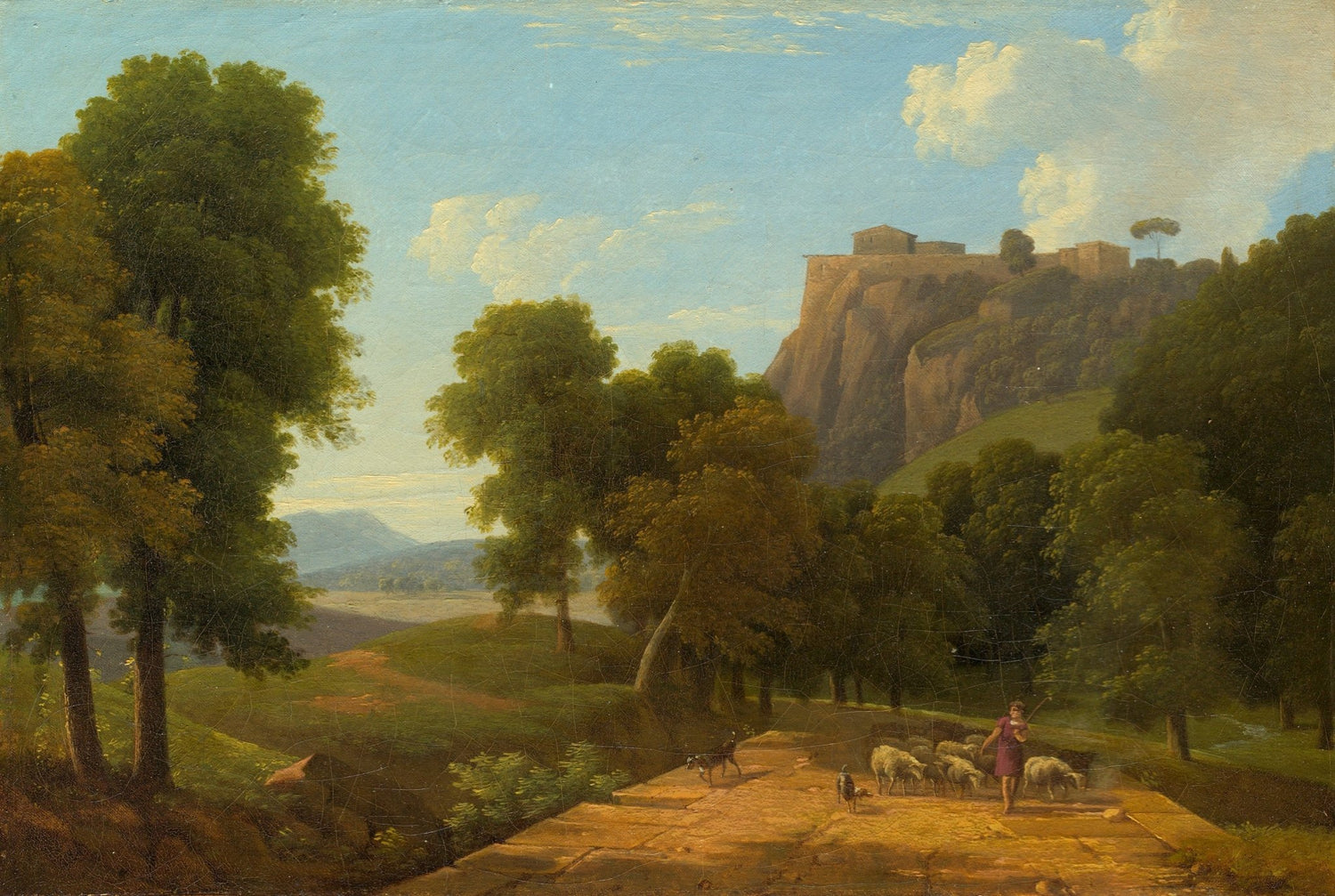 Hand-painted shepherd and sheep on a mountain path landscape oil painting on canvas
