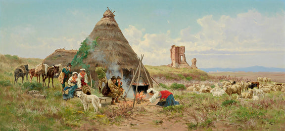 Shepherd Family Campfire with Flock in Open Field - People Oil Painting - Oil Painting Haven