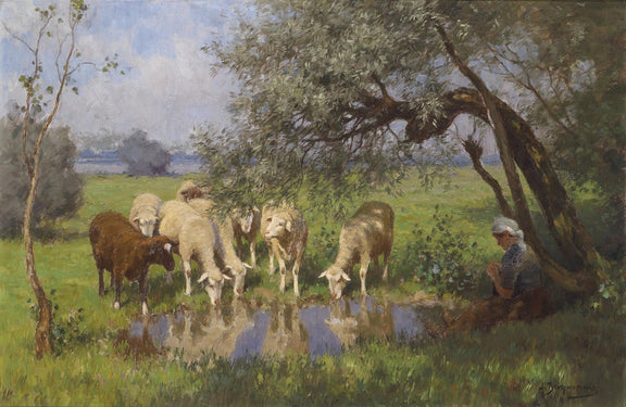 Shepherd Resting with Sheep | Hand - Painted Landscape Oil Painting - Oil Painting Haven