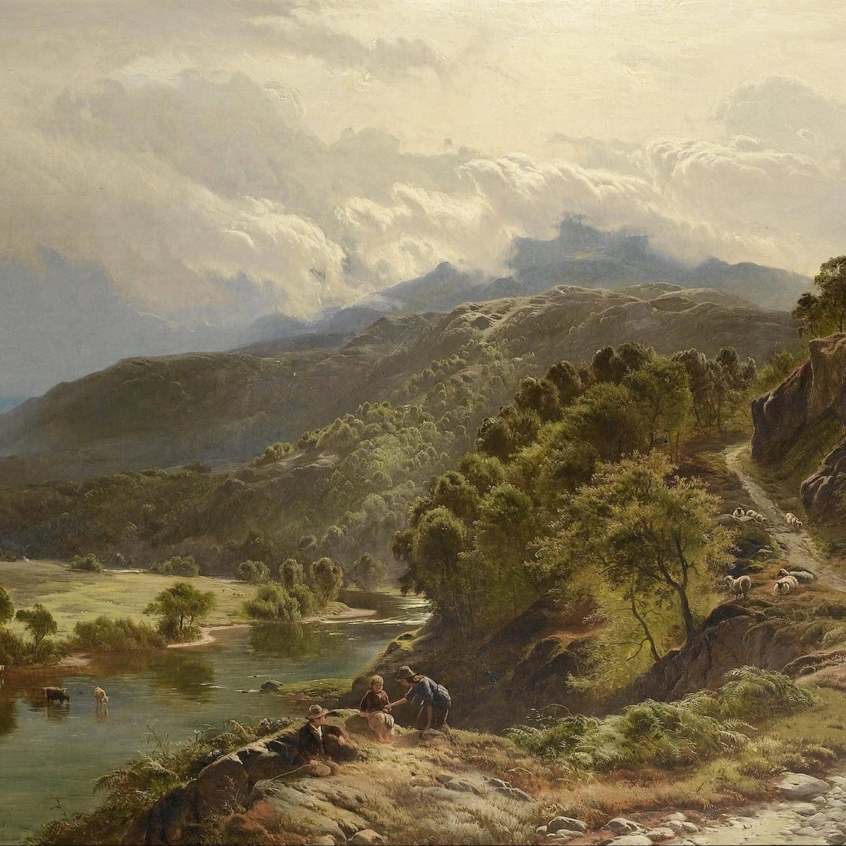 Shepherds, Cattle, Valley Lake, Woodland Path – Landscape Oil Painting - Oil Painting Haven