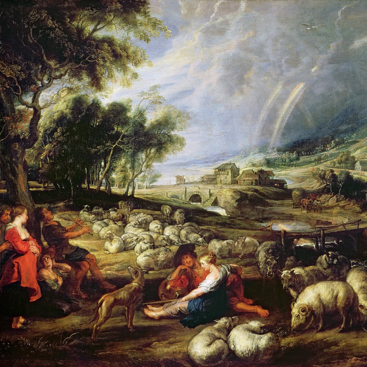 Shepherds Resting with Flock in Pastoral Landscape - People Oil Painting - Oil Painting Haven