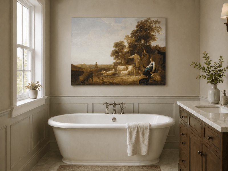 Peinture à l'huile de paysage - Homme à dos d'âne, femme, chien et champ rural