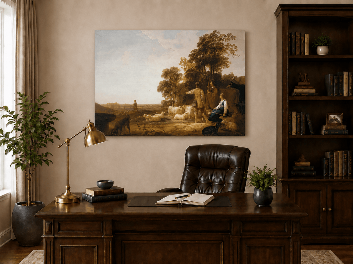 Peinture à l'huile de paysage - Homme à dos d'âne, femme, chien et champ rural