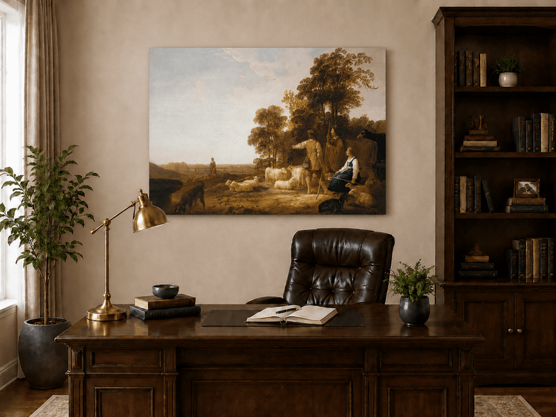 Peinture à l'huile de paysage - Homme à dos d'âne, femme, chien et champ rural